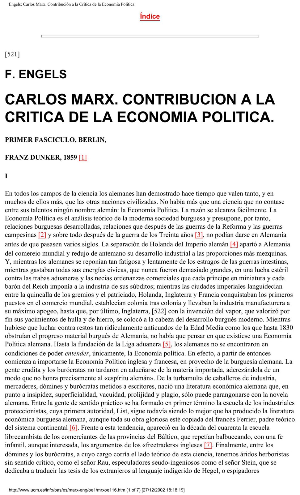 Carlos Marx. Contribución a la crítica de la economía política